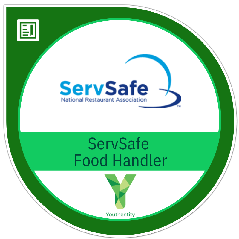 A servsafe food handler badge is shown.