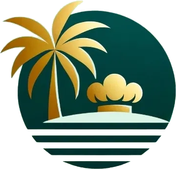 A green and gold logo with a palm tree.