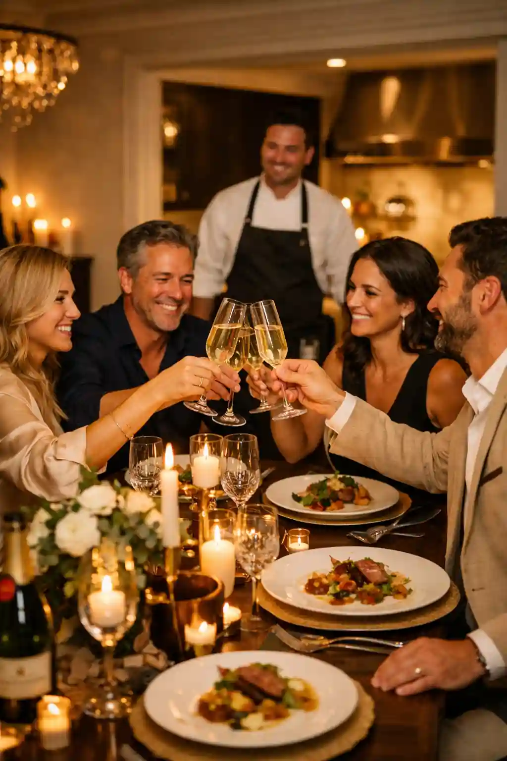 Guests smiling and raising champagne glasses during a private chef dining experience, elegant table setting, luxury dinner at home with warm tones and upscale interior.