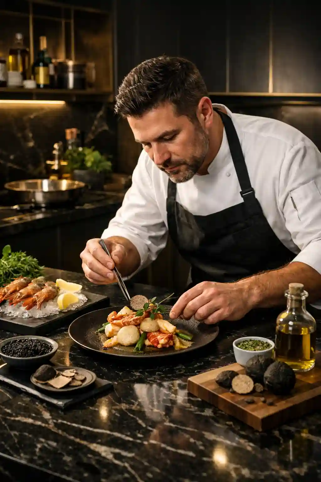 Professional in‑home private chef plating seafood and truffles in a modern luxury kitchen with cinematic lighting — in home private chef service, restaurant‑quality dining at home.