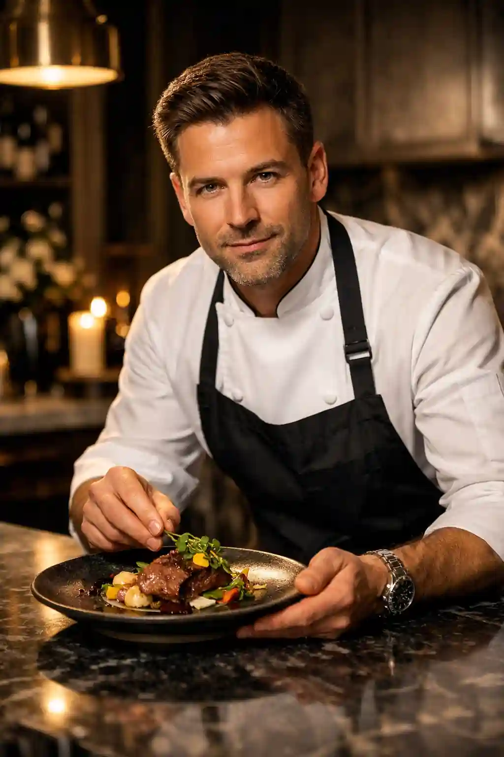 Portrait of a professional private chef in a luxury kitchen, confidently plating a gourmet dish — experienced dinner party chef with cinematic lighting and premium hospitality branding.