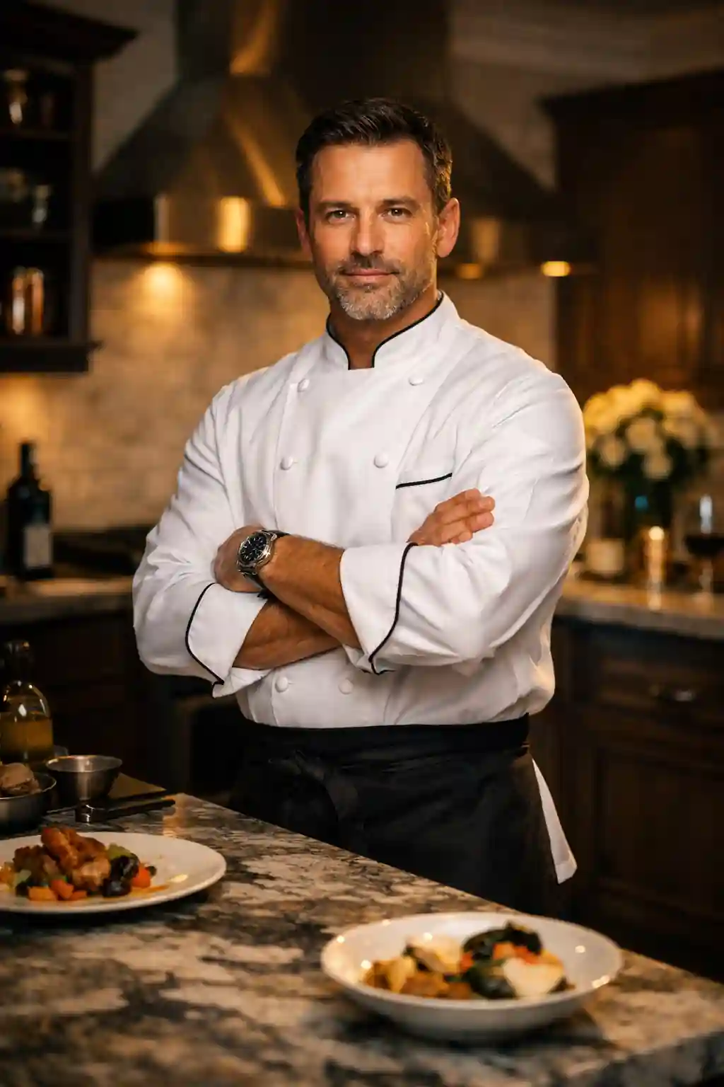 Portrait of a professional in home private chef, an experienced luxury chef standing confidently in a cinematic high‑end kitchen with plated gourmet dishes.