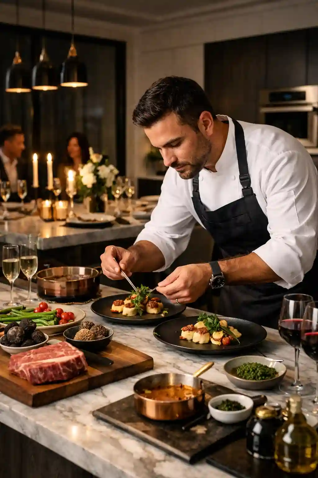 Professional private chef plating multi‑course gourmet dishes in a modern luxury home kitchen with premium ingredients — private chef for dinner party, in‑home chef service.