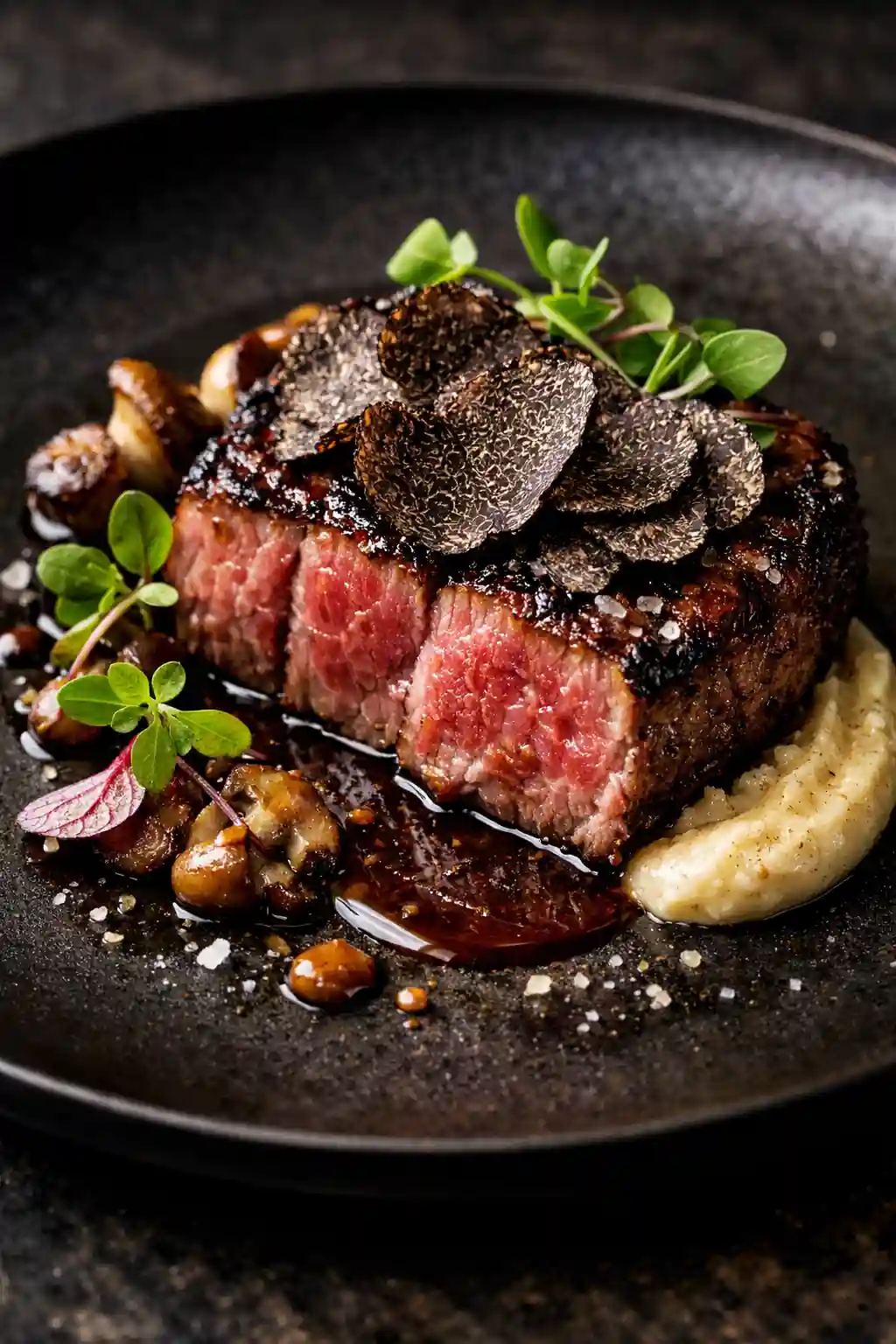 Close‑up of Wagyu steak with truffle garnish, microgreens, and elegant plating on a dark plate — gourmet dinner party dishes, private chef fine dining.