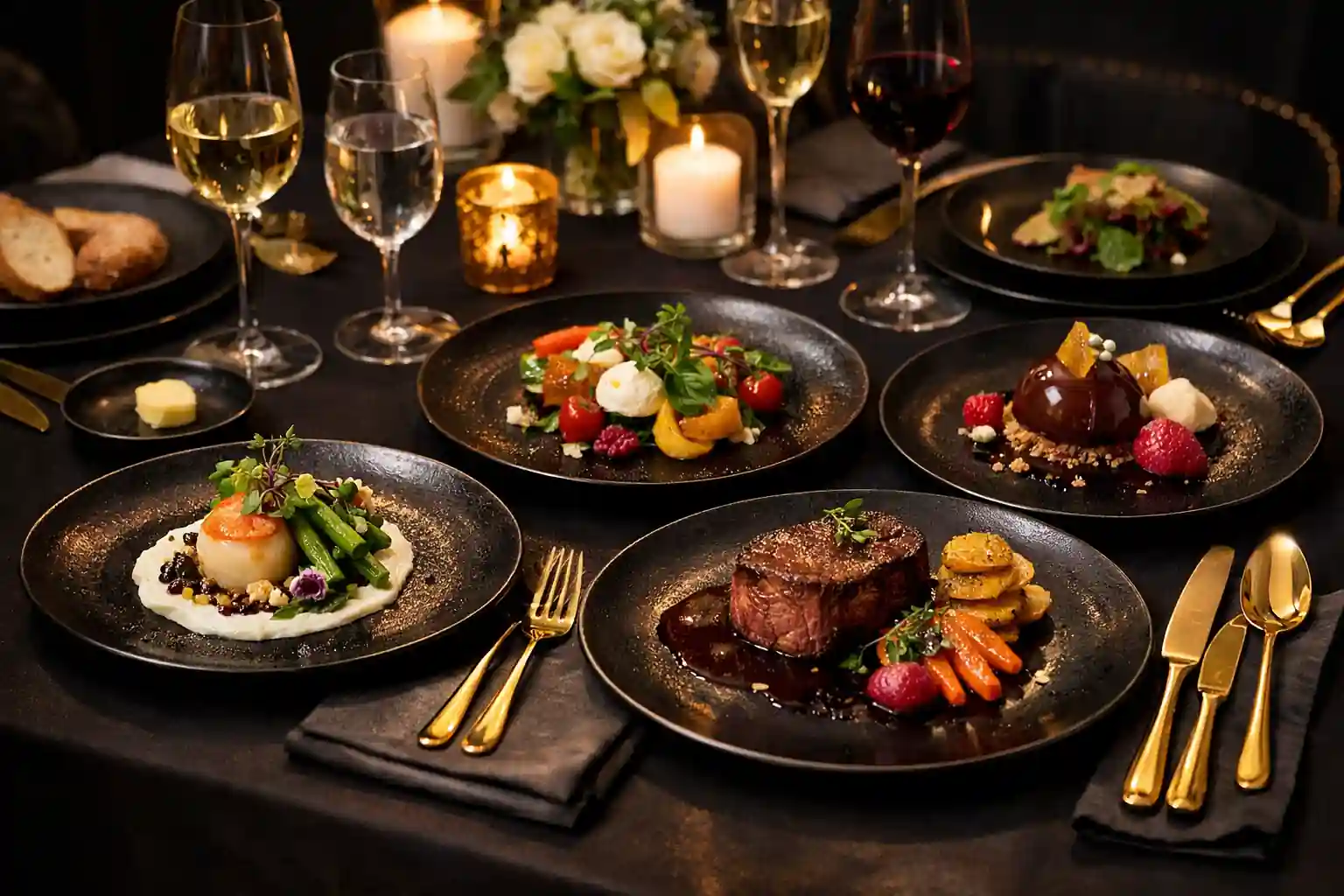Elegant dinner party table with gourmet appetizer, main, and dessert courses — custom dinner party menu, private chef dining experience with gold cutlery and black plates.
