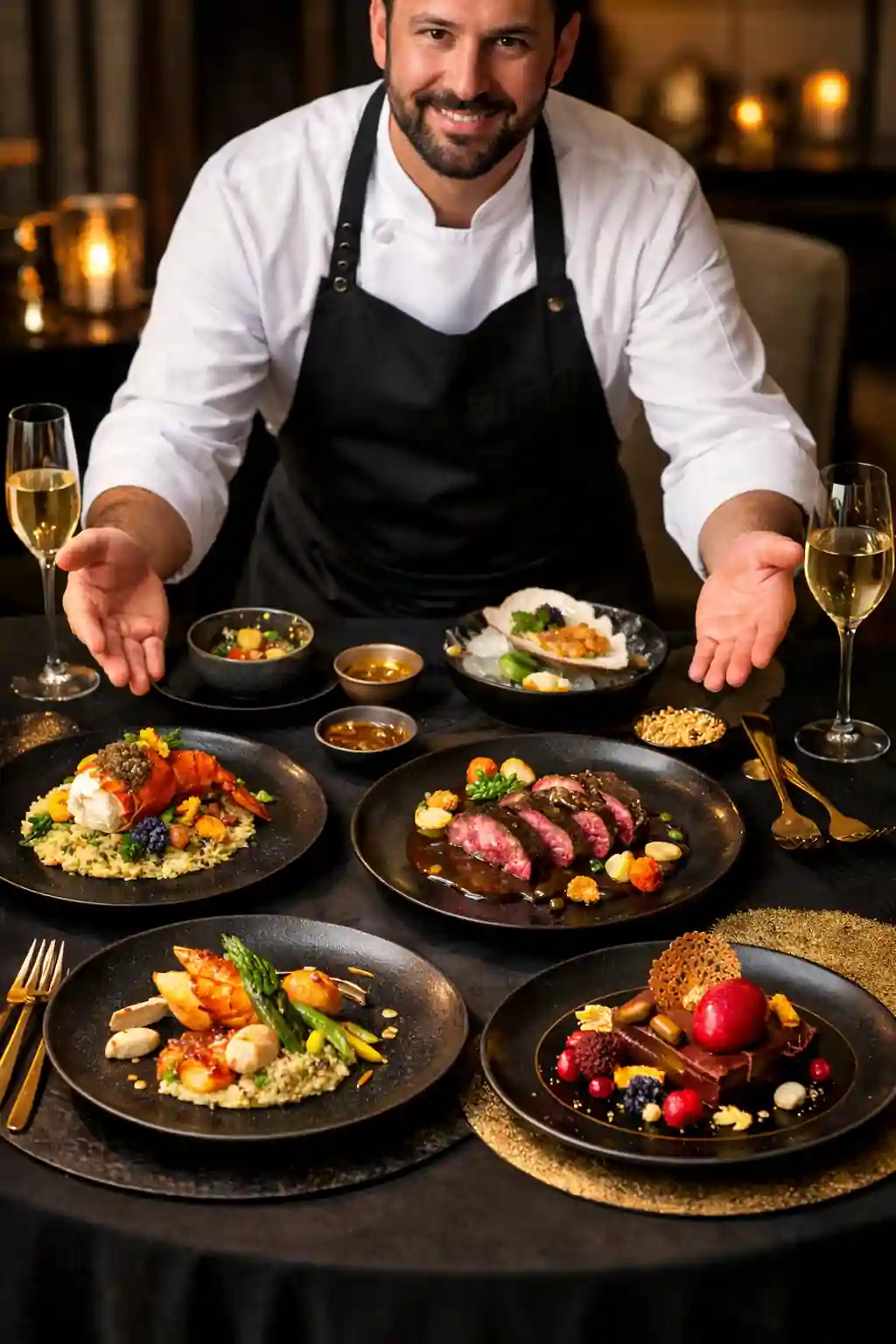 Chef presenting a customized multi‑course gourmet setup with seafood, wagyu, and dessert on an elegant table — custom private chef menu, personalized dining experience at home.