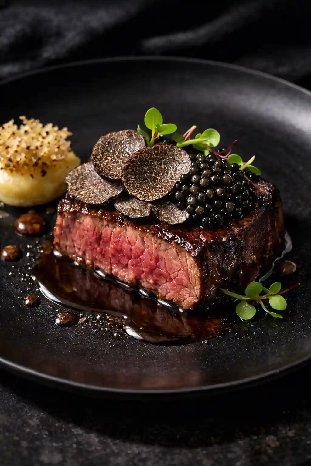 Close‑up of wagyu steak with truffle garnish, caviar, and microgreens on a black plate — gourmet private chef dishes, fine dining cuisine at home.